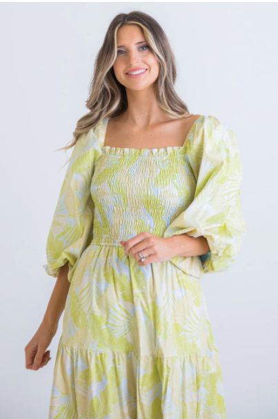 Tropical Leaf Poplin Smock Tier Maxi Dress