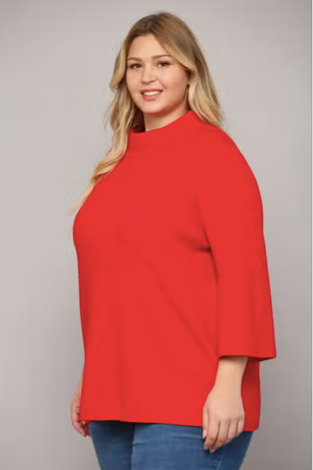 Mock Neck Bell Sleeve Sweater Curve - RED