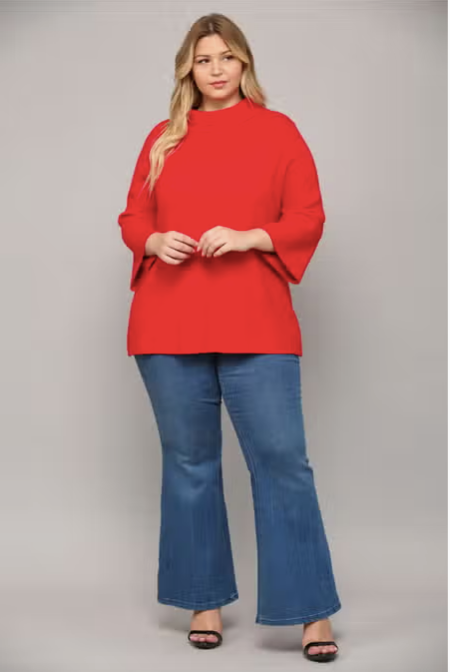 Mock Neck Bell Sleeve Sweater Curve - RED