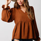 Notched Neck Long Sleeve Top