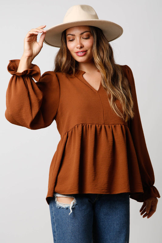 Notched Neck Long Sleeve Top