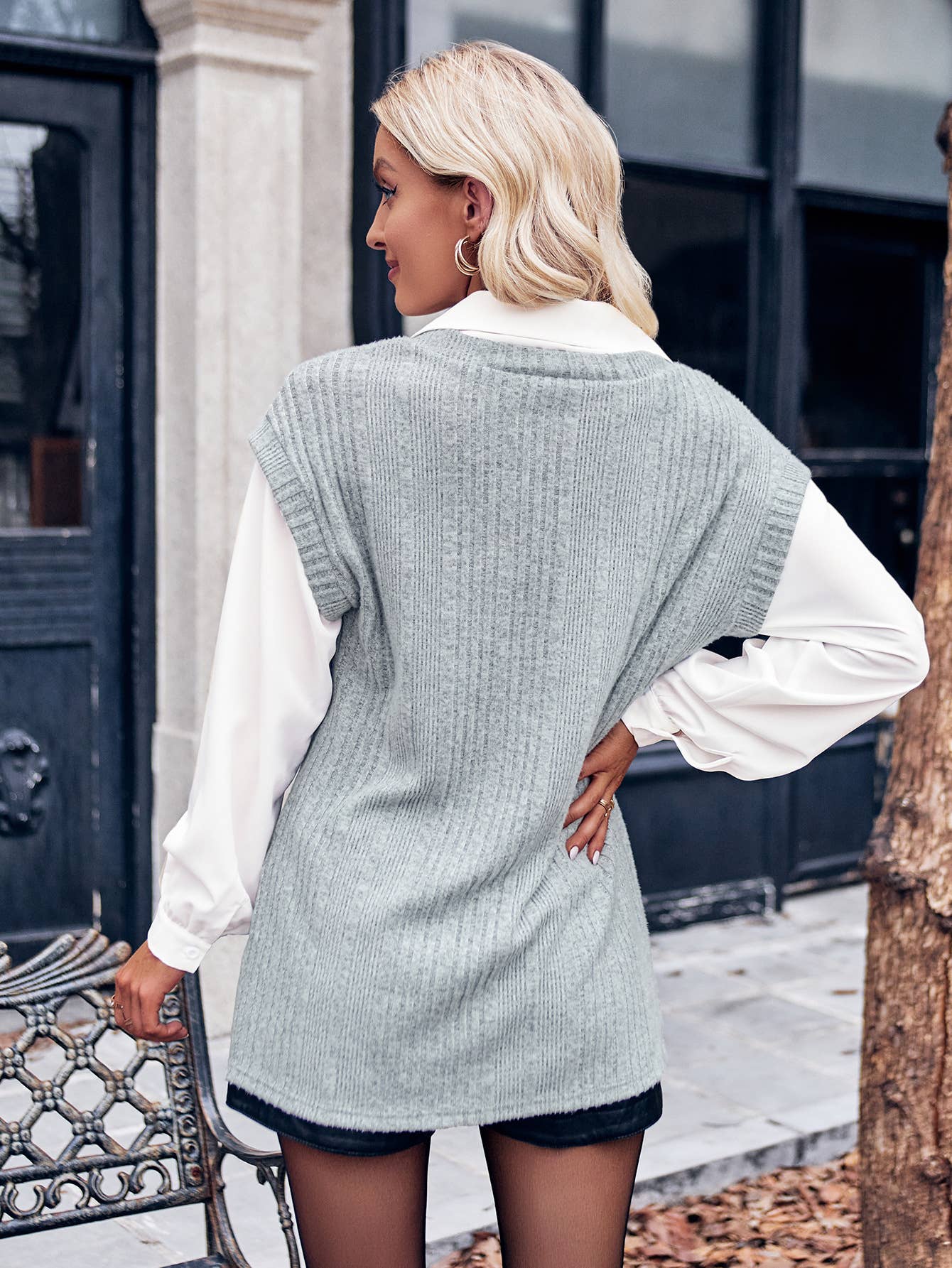 Ribbed Knit Sweater Vest and Shirt Combo - GREY