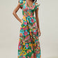 Lanai Multi Tropics Sunfire Smocked Bodice Tiered Midi Dress