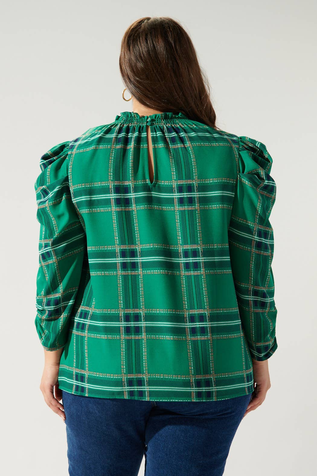 Woodland Jade Plaid Drape Sleeve Top Curve: Jade Multi