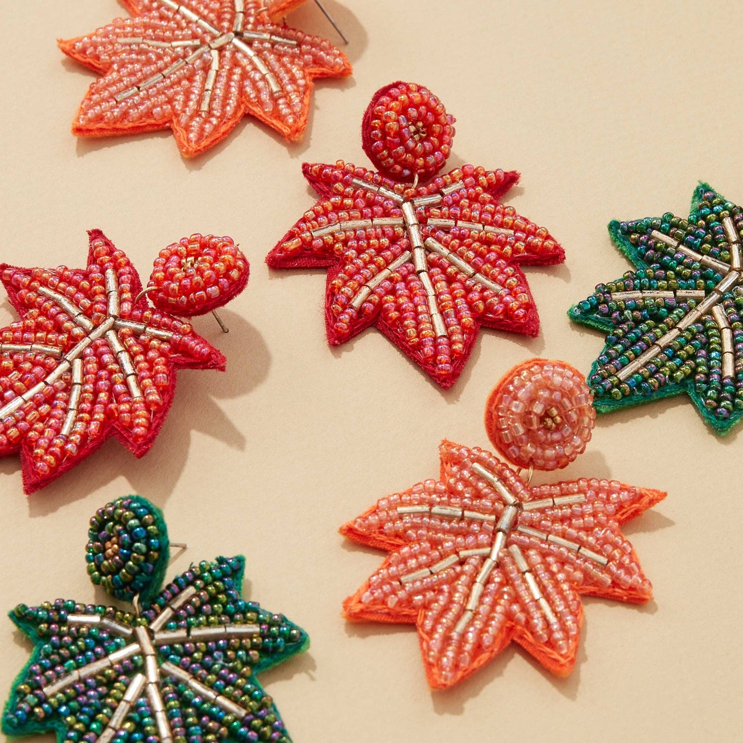 Autumn Leaf Seed Bead Earrings: RED