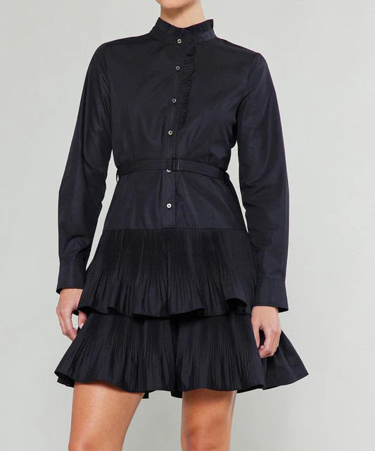 Black Long Sleeve Ruffle Button Down