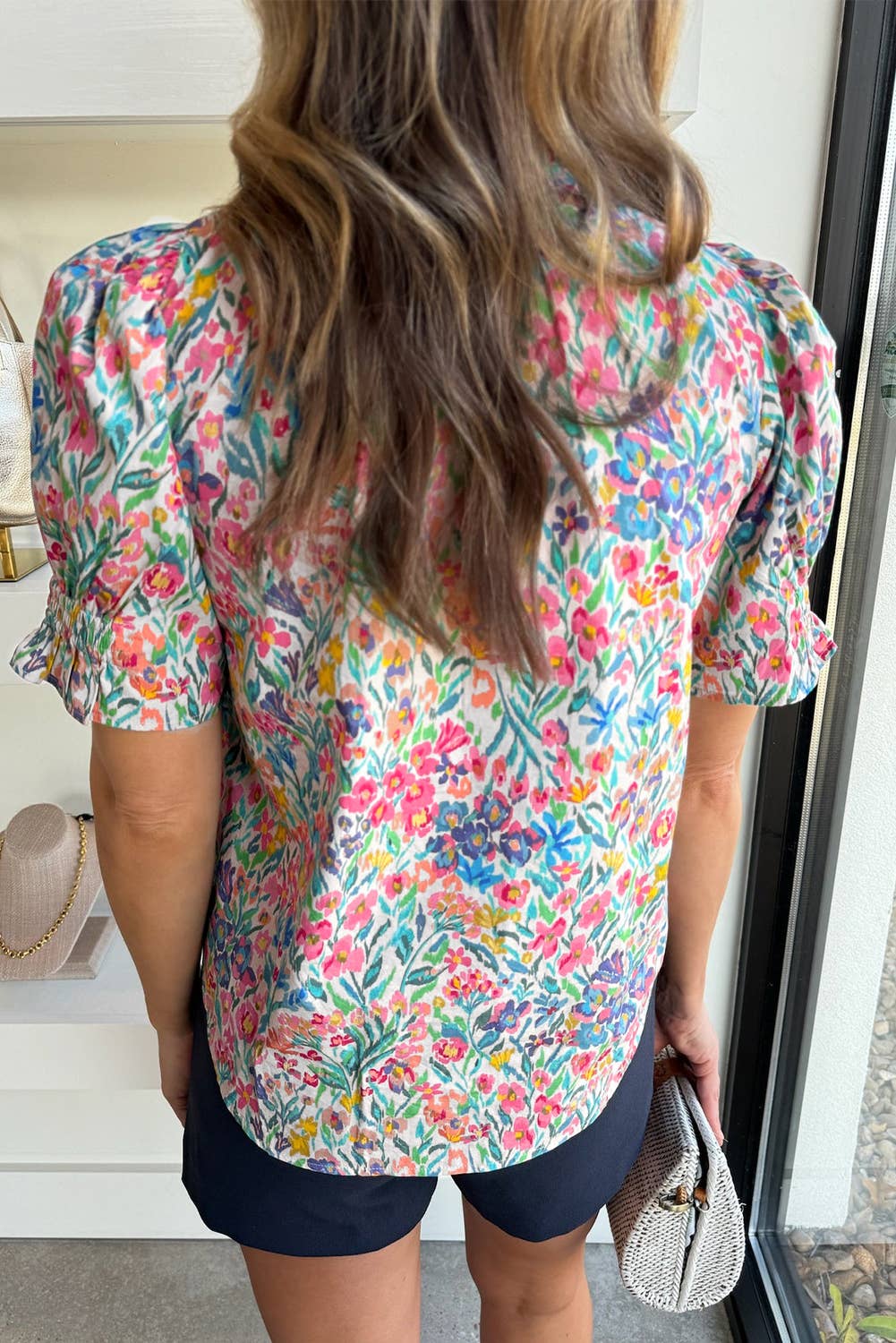 Pink Floral Print Puff Sleeve Blouse