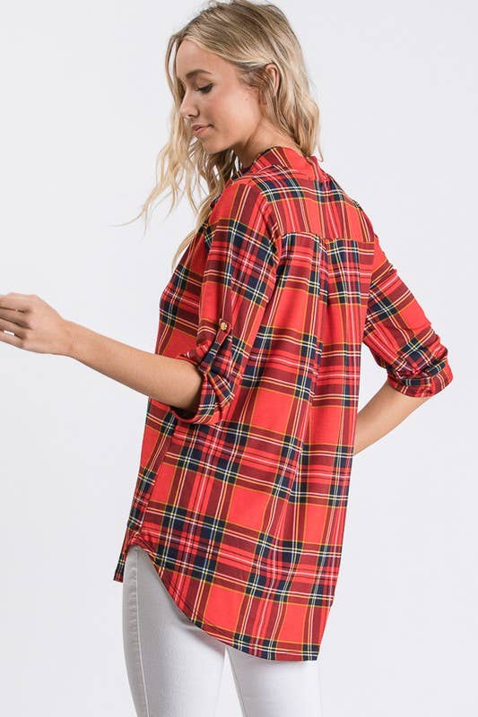 ROLL UP BUTTON SLEEVE COLLAR PLAID TOP - PLUS