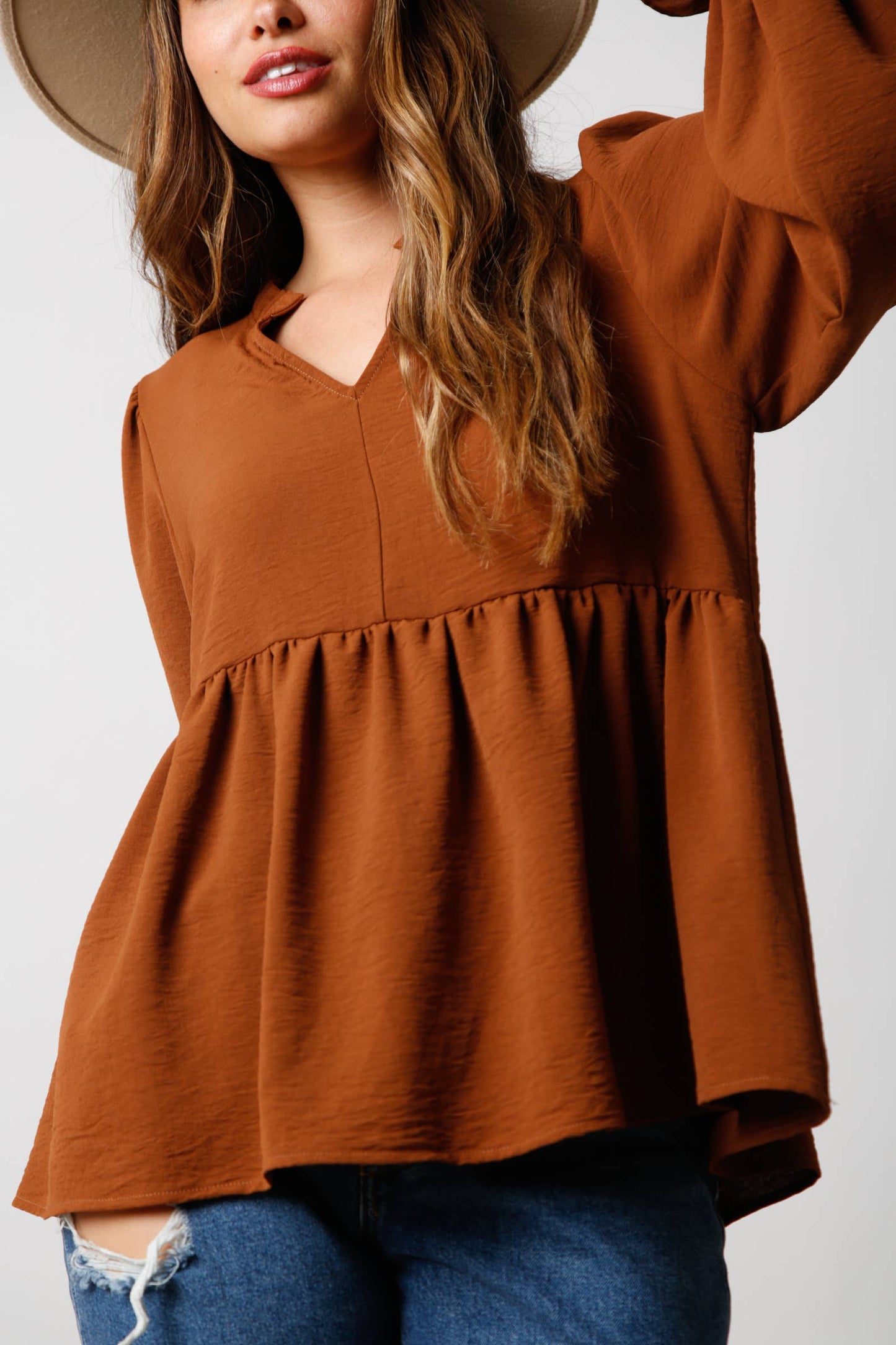 Notched Neck Long Sleeve Top