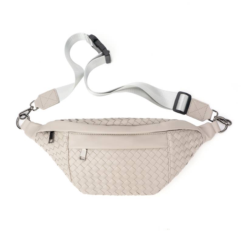 The Riley | Woven Leather Sling Bag: Light Gray