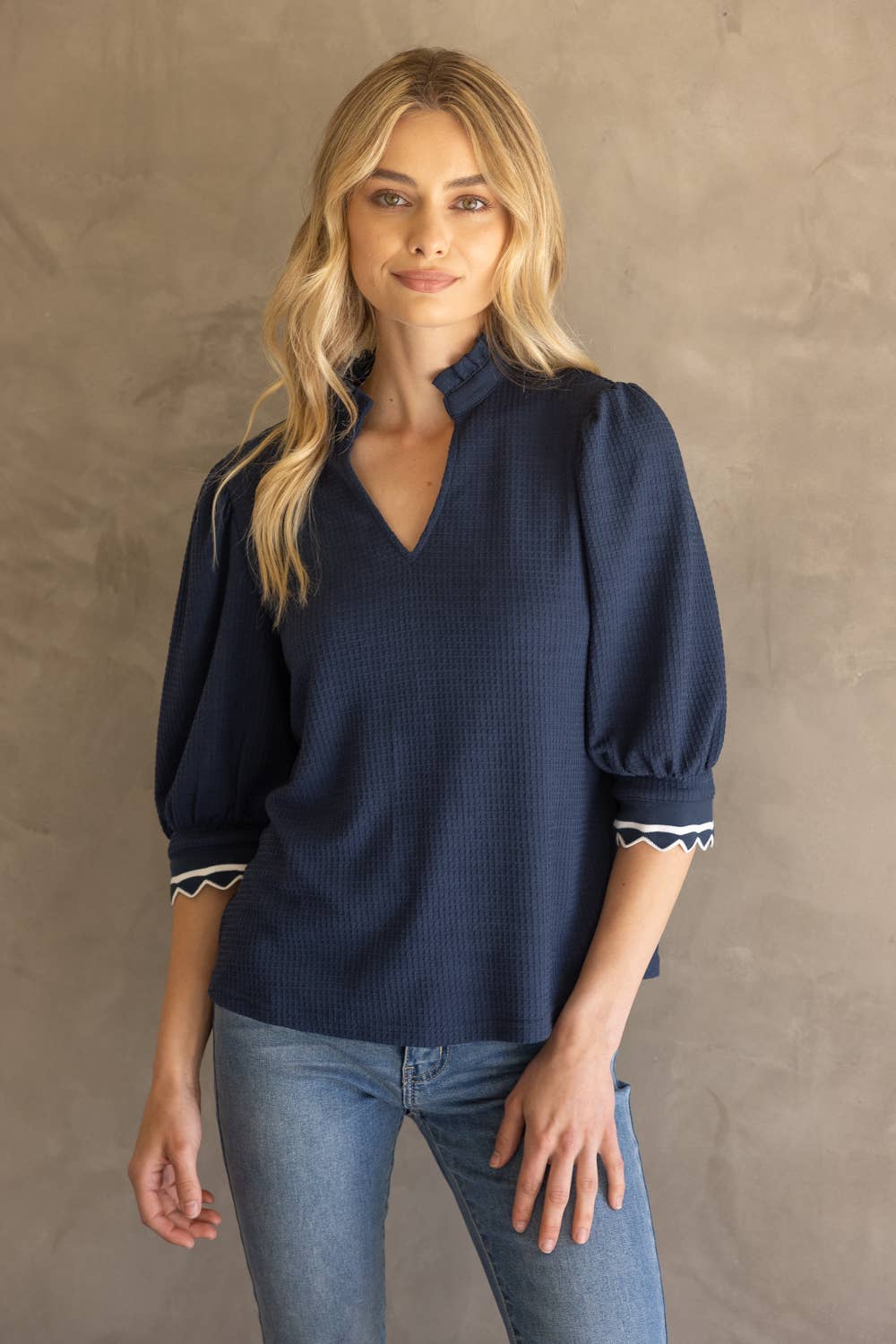 Navy Scallop Detailed Top