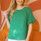 Green Bubble Sleeve Tweed Top with a Pearl Trim Neck