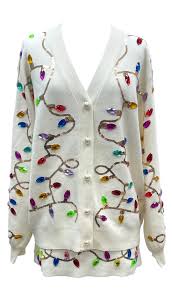 White Multi Jeweled Christmas Lights Sweater Cardigan