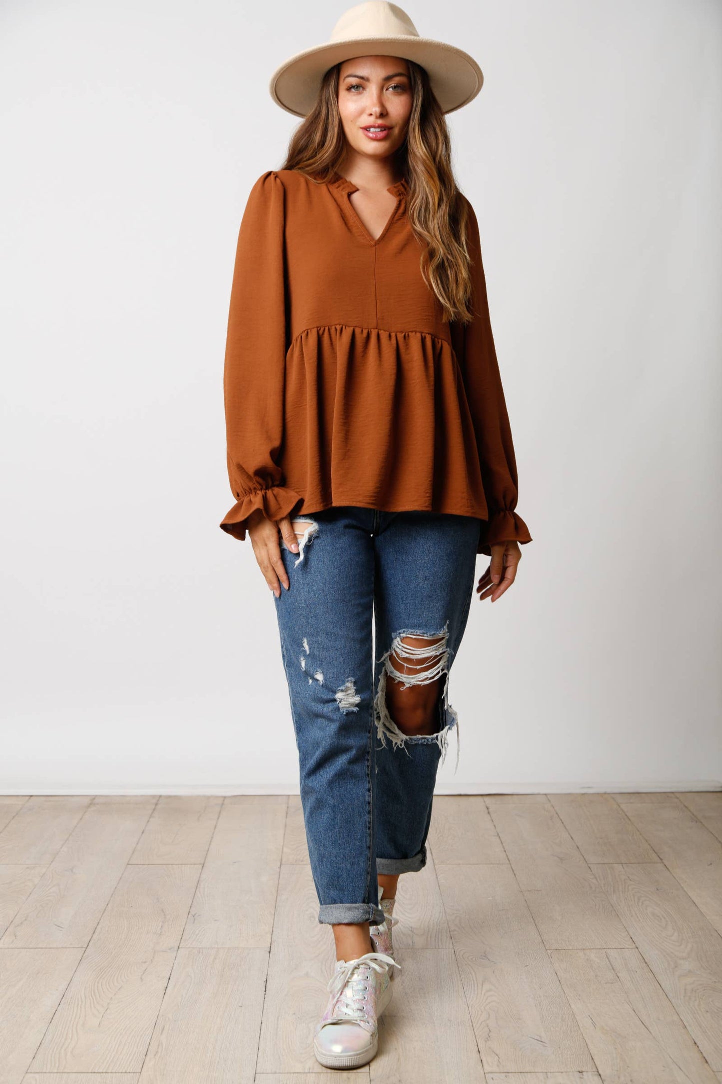 Notched Neck Long Sleeve Top