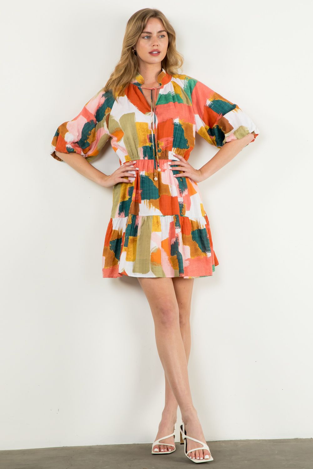 THML Puff Sleeve Multi Color Dress