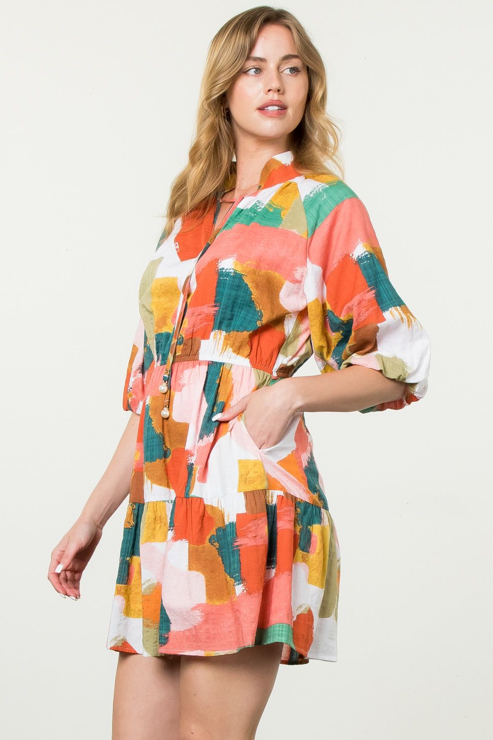 THML Puff Sleeve Multi Color Dress