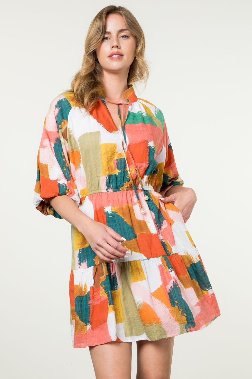 THML Puff Sleeve Multi Color Dress