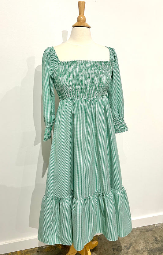 Gingham Smocked Maxi Dress - Green