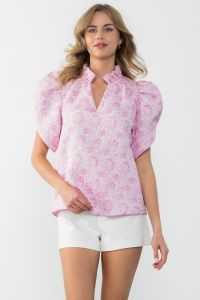 RUCHED SLEEVE FLOWER TEXTURE TOP