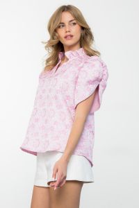 THML Textured Pink Flower Ruched Sleeve Blouse