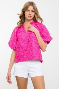 PINK PUFF SLEEVE TEXTURED TOP