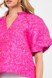 PINK PUFF SLEEVE TEXTURED TOP