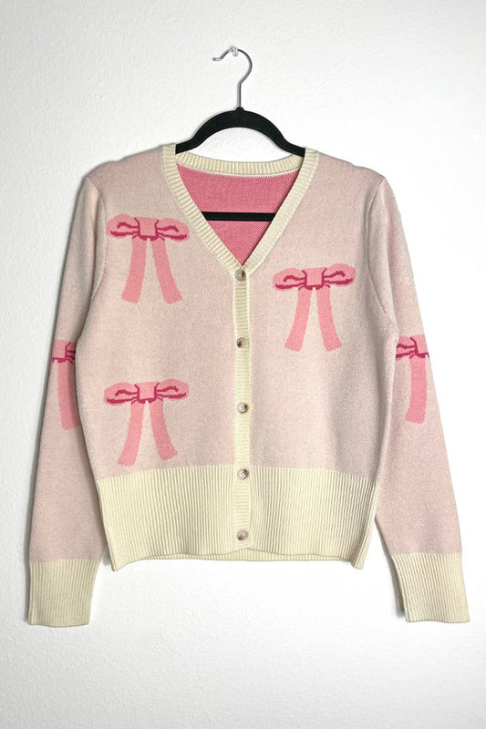 Pink Cropped Knit Bow Cardigan