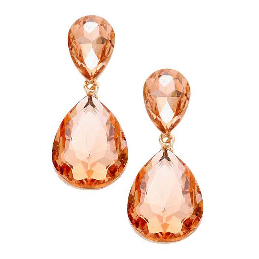 Glass Crystal Teardrop Evening Earrings - Peach