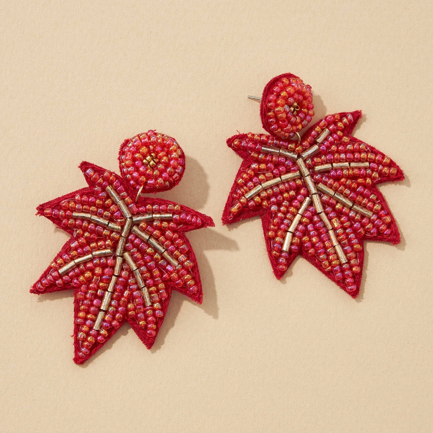 Autumn Leaf Seed Bead Earrings: RED