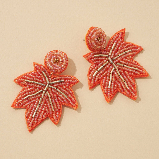 Autumn Leaf Seed Bead Earrings: Orange