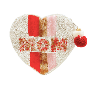 MOM Heart Shaped Beaded Coin Pouch