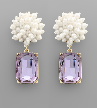 Glass Square Pearl Earrings - Purple