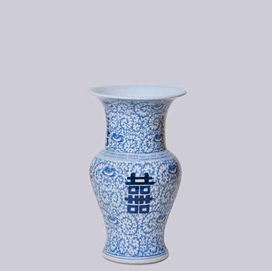 Double Happiness Blue and White Porcelain Trumpet Vase