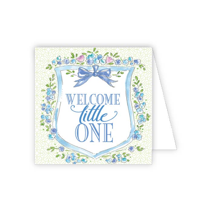 Welcome Little One Blue Floral Crest Enclosure Card