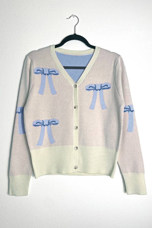 Blue Cropped knit Bow Cardigan