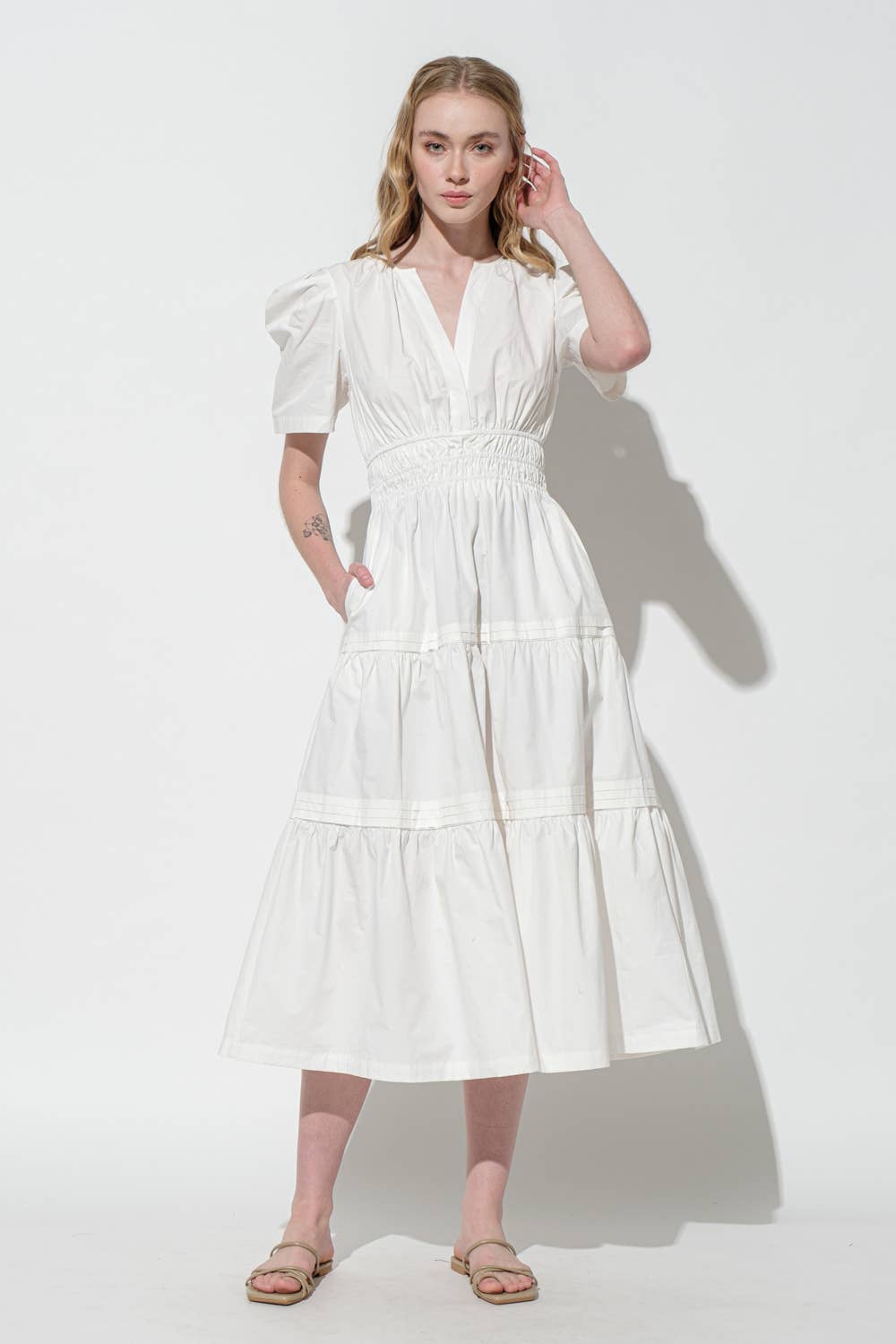 V-neck Tiered Puff Sleeve Maxi Dress - White
