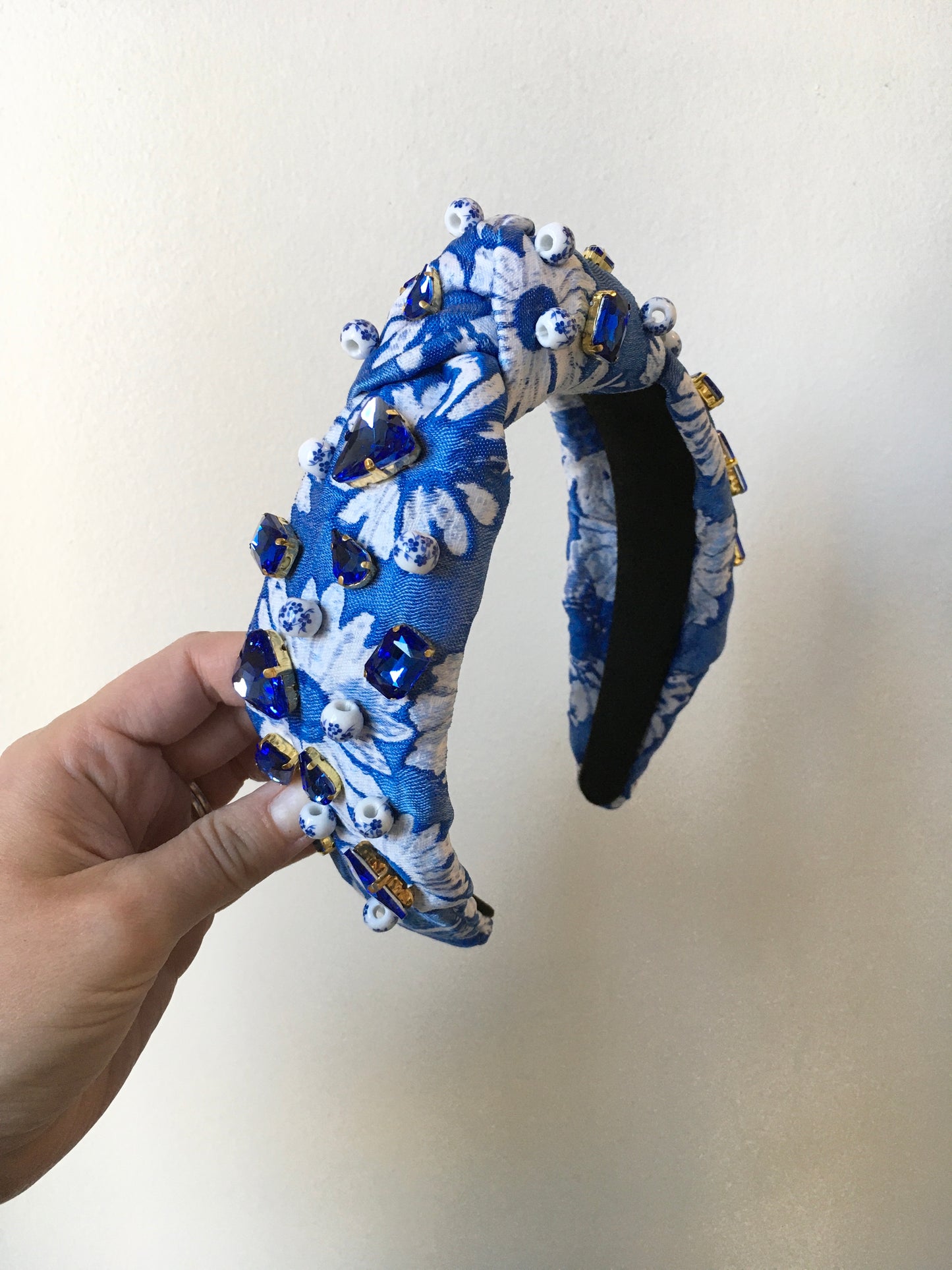 Blue & White Floral Headband with Crystals and Beads
